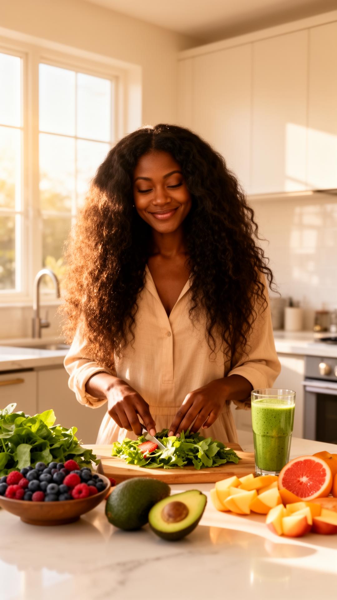 Black woman with long healthy hair preparing fresh food in a sunlit kitchen