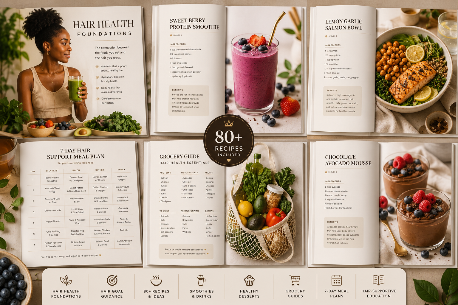 Cookbook spread collage showing hair health foundations, smoothies, salmon bowls, desserts, grocery guides and 7-day meal plans
